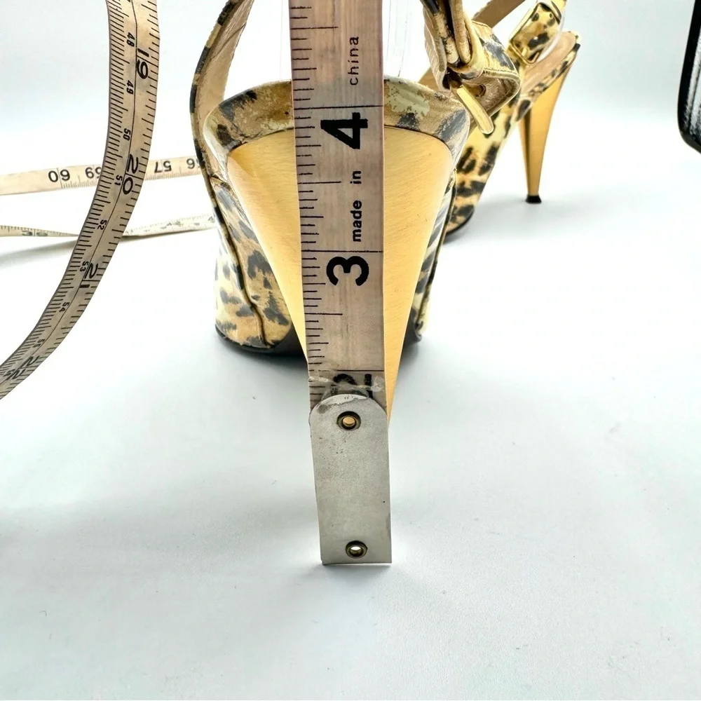 STUART WEITZMAN GOLD ANIMAL PRINTS SLING BACK HEELS OPEN TOE SHOE PATENT LEATHER - Picture 8 of 15